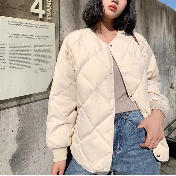 Coat jacket quilted cotton womens fall button cream - Picture 2 of 6